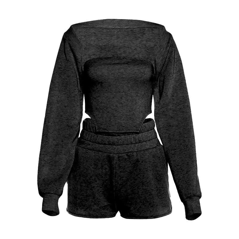 Chic Fall Comfort: Cozy Knit Shrug, Bandeau Top & Shorts Loungewear Set for Women