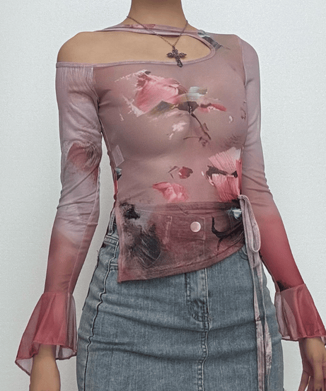 Autumn Rose Rendezvous Asymmetrical Mesh Top - Flared Sleeves & Tie Detail