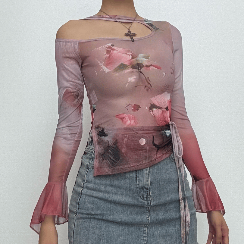 Autumn Rose Rendezvous Asymmetrical Mesh Top - Flared Sleeves & Tie Detail