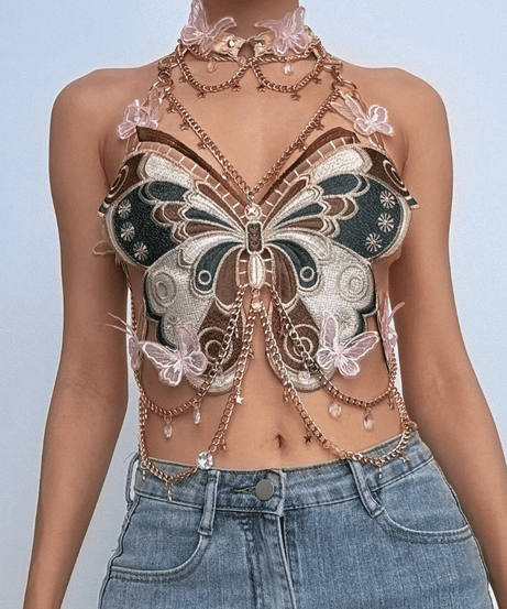 Enchanted Butterfly Halter Top & Body Chain with Choker | Festival Rave & Halloween Statement Piece