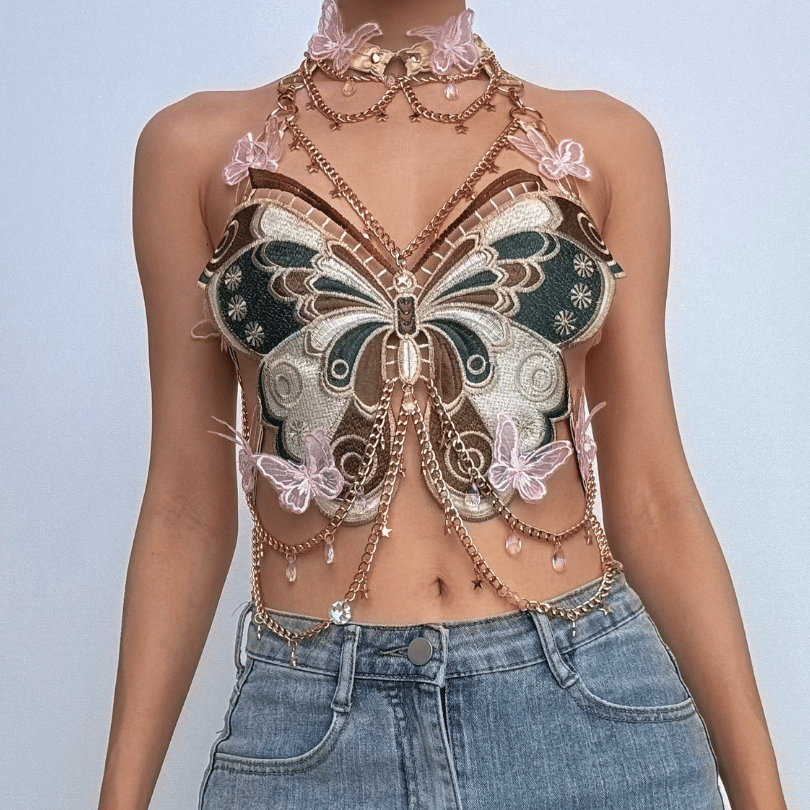 Enchanted Butterfly Halter Top & Body Chain with Choker | Festival Rave & Halloween Statement Piece