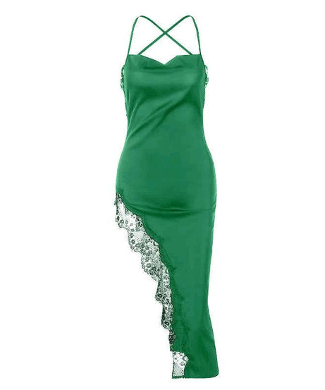 Alluring Black Satin Lace Slit Midi Dress - Cowl Neck & Criss-Cross Back for Fall & Holiday Glamour