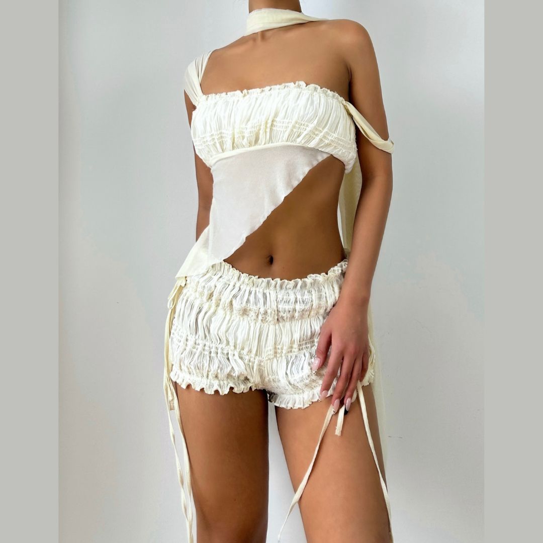 Cloud-Soft Ruched Ruffle Low-Rise Lounge Shorts - Tie-Side Comfort & Chic Style