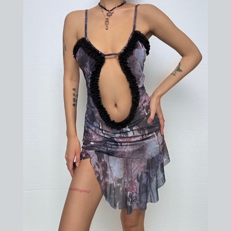 Bewitching Bloom Ruffle Cut-Out Mini Dress | Edgy Fall & Halloween Party Mesh Cami