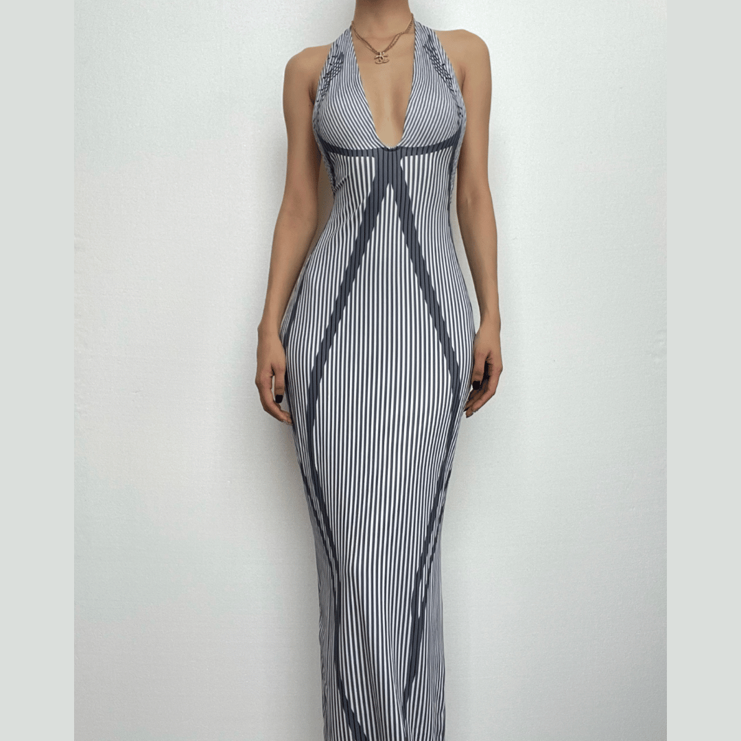 Elevated Striped Halter Maxi Dress - Your Go-To for Fall Events & Holiday Glam