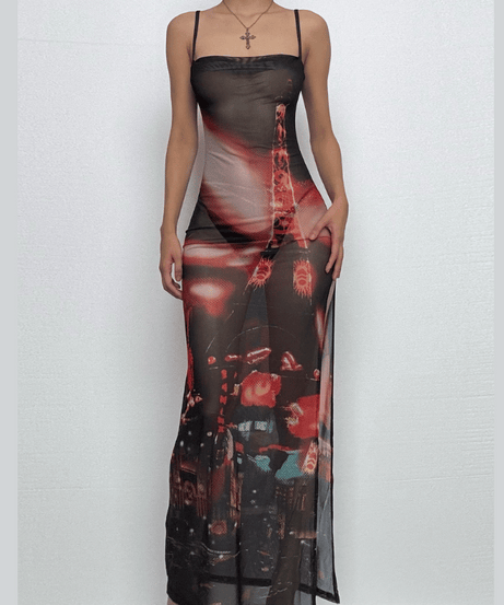 Midnight City Mesh Maxi Dress - Edgy High Slit Cami for Fall Nights Out
