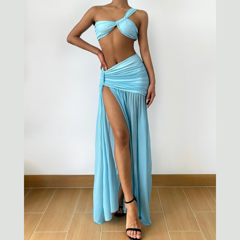Oasis Azure One-Shoulder Maxi Skirt Set - Your Chic Fall/Winter Getaway Essential