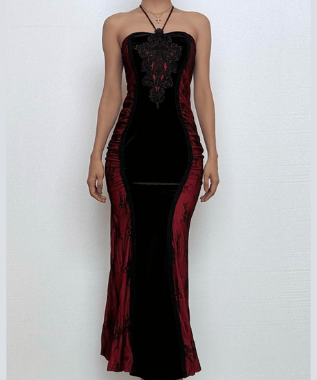 Sultry Enchantress: Velvet & Crimson Embroidered Halter Maxi Dress for Fall & Holiday Soirées