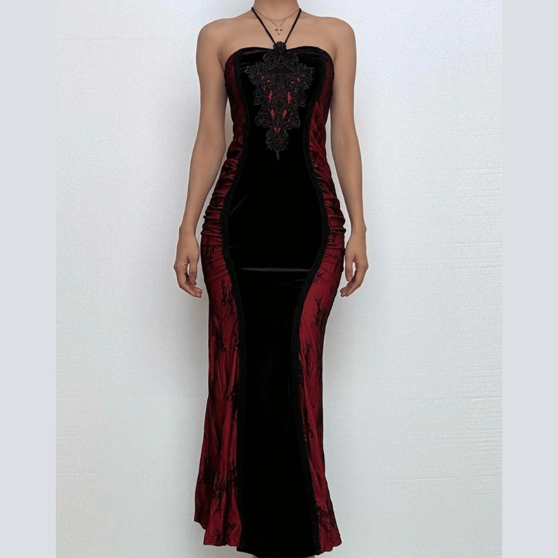 Sultry Enchantress: Velvet & Crimson Embroidered Halter Maxi Dress for Fall & Holiday Soirées