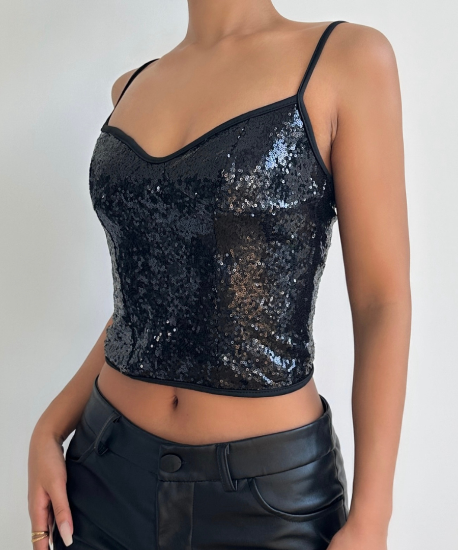Dazzling Black Sequin Sweetheart Cami Top - Your Ultimate Holiday Party & NYE Sparkle