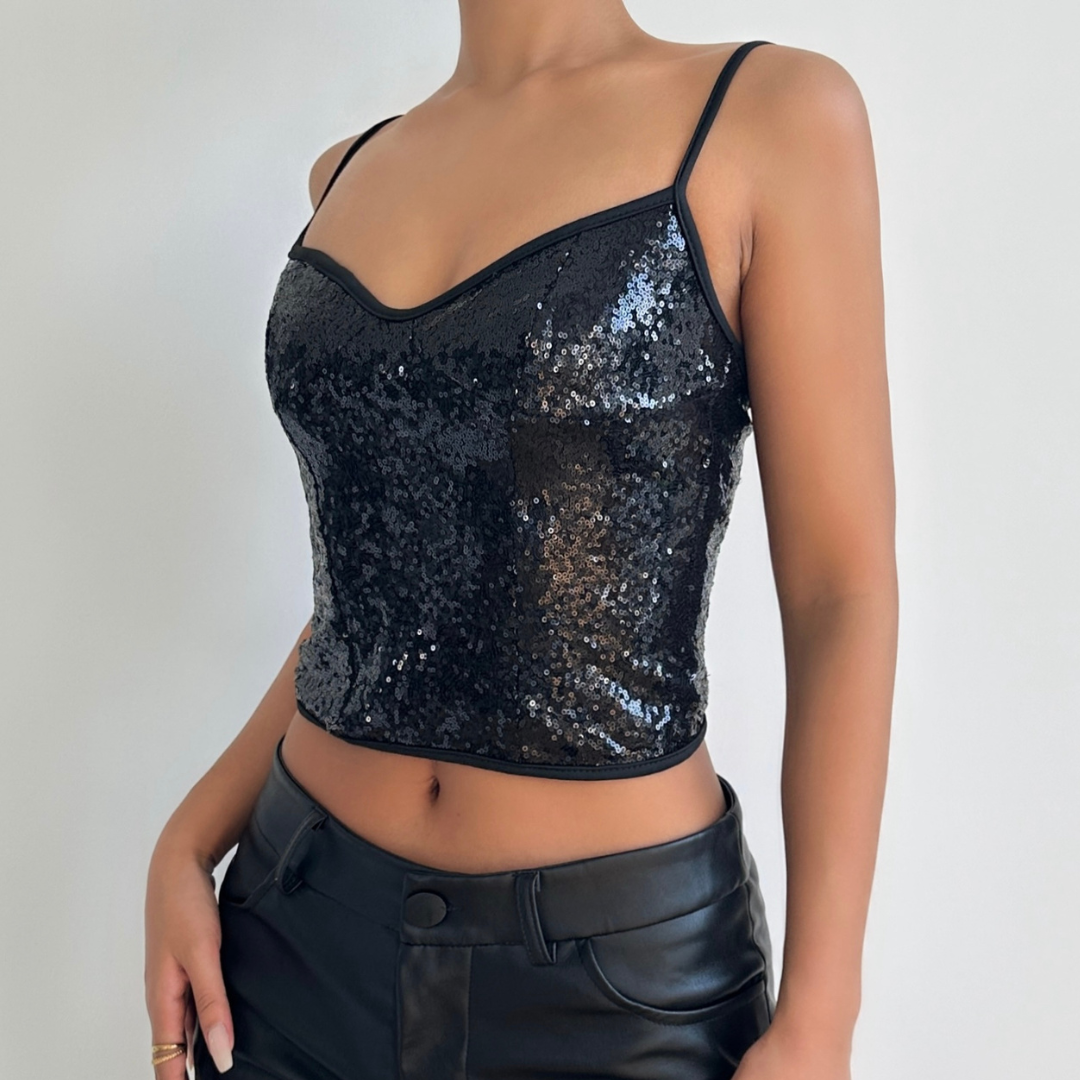 Dazzling Black Sequin Sweetheart Cami Top - Your Ultimate Holiday Party & NYE Sparkle