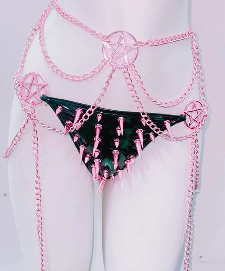 Pink Spiked Pentagram Lingerie Set - Patent Leather Halloween Rave Clubwear