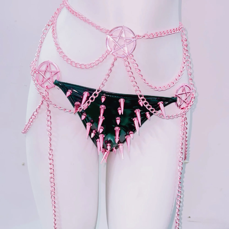 Pink Spiked Pentagram Lingerie Set - Patent Leather Halloween Rave Clubwear