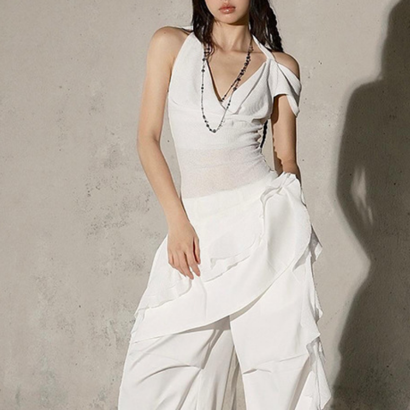 Elevated Draped Halter Top: Chic Ribbed Cold Shoulder for Fall & Holiday Style