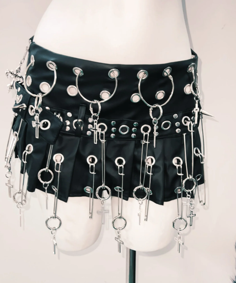 Fierce Goth Punk Spiked Skull Crop Top & Chain Skirt Set - Halloween | Club | Festival