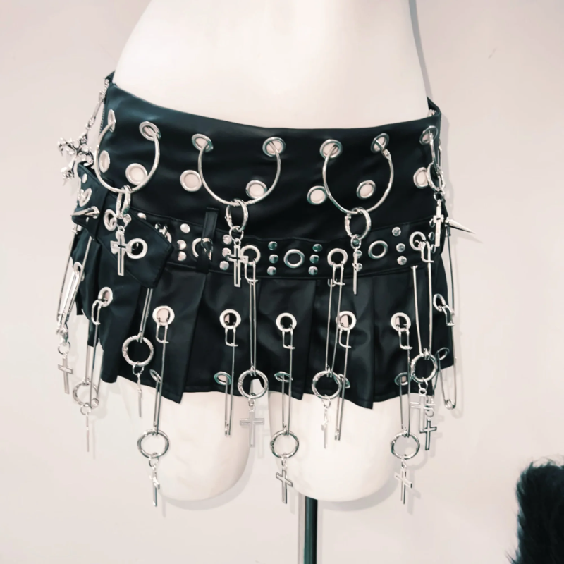 Fierce Goth Punk Spiked Skull Crop Top & Chain Skirt Set - Halloween | Club | Festival