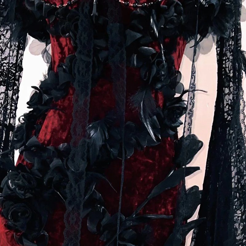Vampire Queen Velvet Lace Feather Gown - Deluxe Halloween & Masquerade Ball Dress