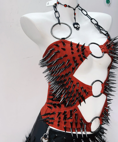 Crimson Spiked O-Ring Harness Top - Edgy Halloween & Fall Party Statement