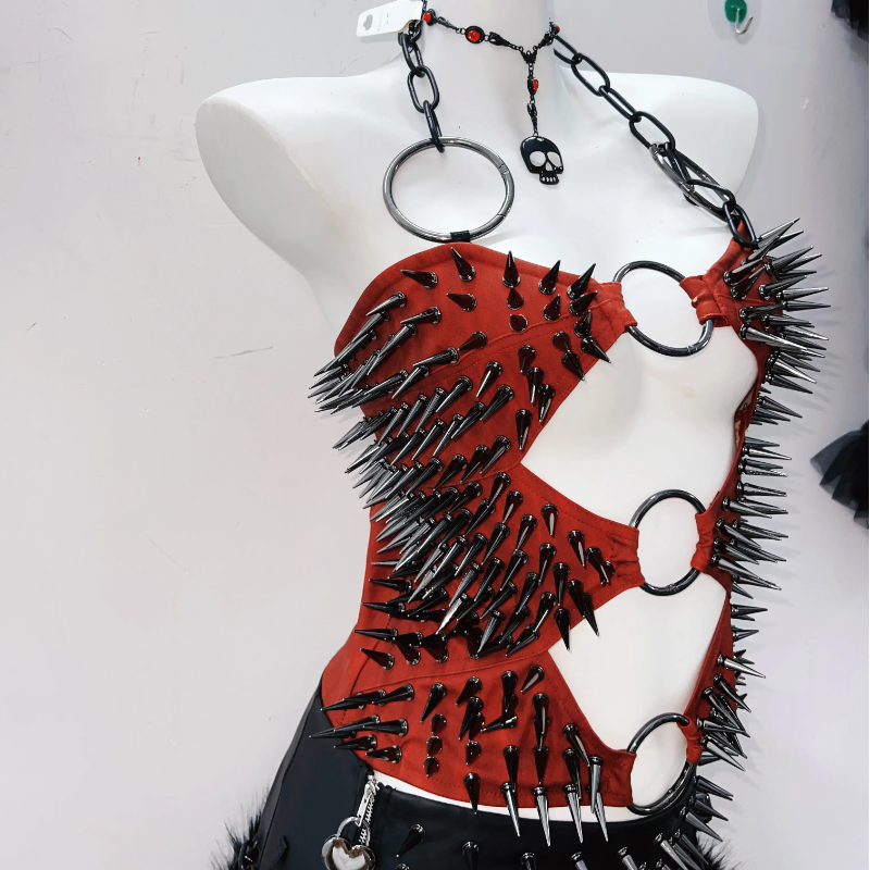 Crimson Spiked O-Ring Harness Top - Edgy Halloween & Fall Party Statement