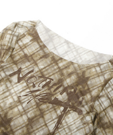Chic Fall Plaid Mesh Top | 'Nothing' Graphic, Ruched Long Sleeve & Asymmetrical Hem – Edgy Women's Style