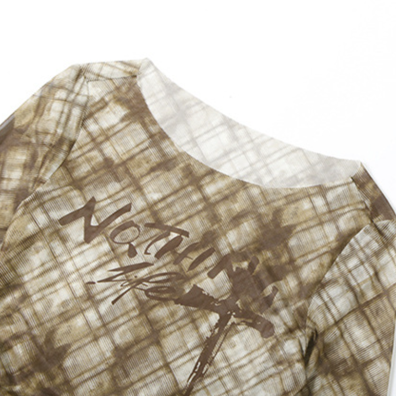 Chic Fall Plaid Mesh Top | 'Nothing' Graphic, Ruched Long Sleeve & Asymmetrical Hem – Edgy Women's Style
