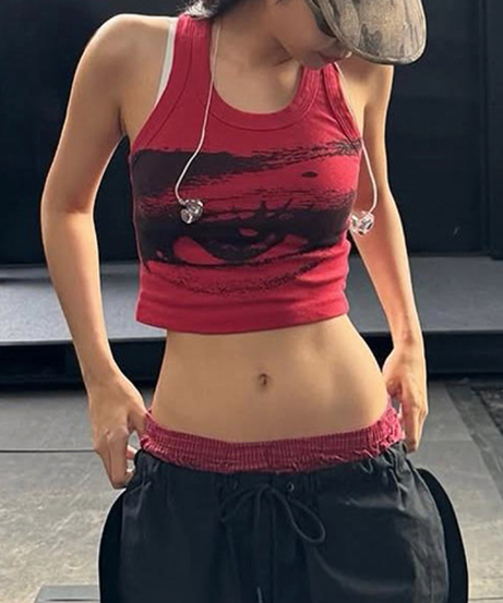 Y2K Edgy Eye Print Cropped Ribbed Tank Top - Fall Streetwear Essential