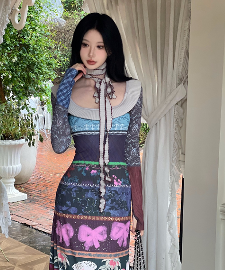 Fall Eclectic Patchwork Maxi Dress with Chic Bowknot: Vintage-Inspired Autumn Style