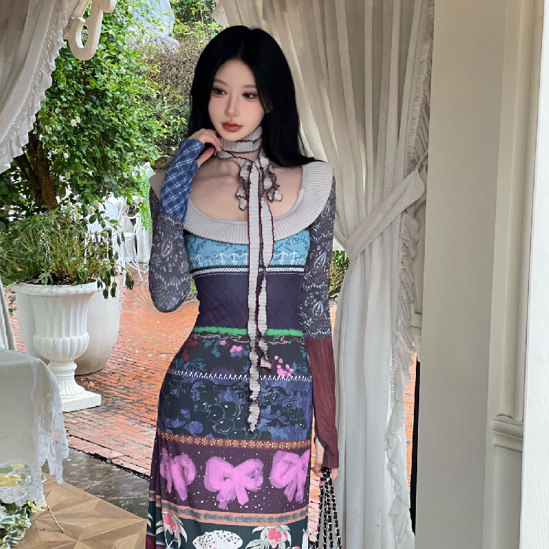 Fall Eclectic Patchwork Maxi Dress with Chic Bowknot: Vintage-Inspired Autumn Style