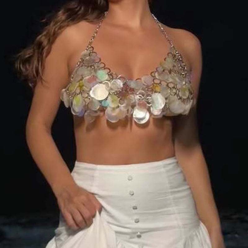 Radiant Iridescent Shell Halter Top – Your Shimmering Statement for Fall Getaways & Holiday Escapes