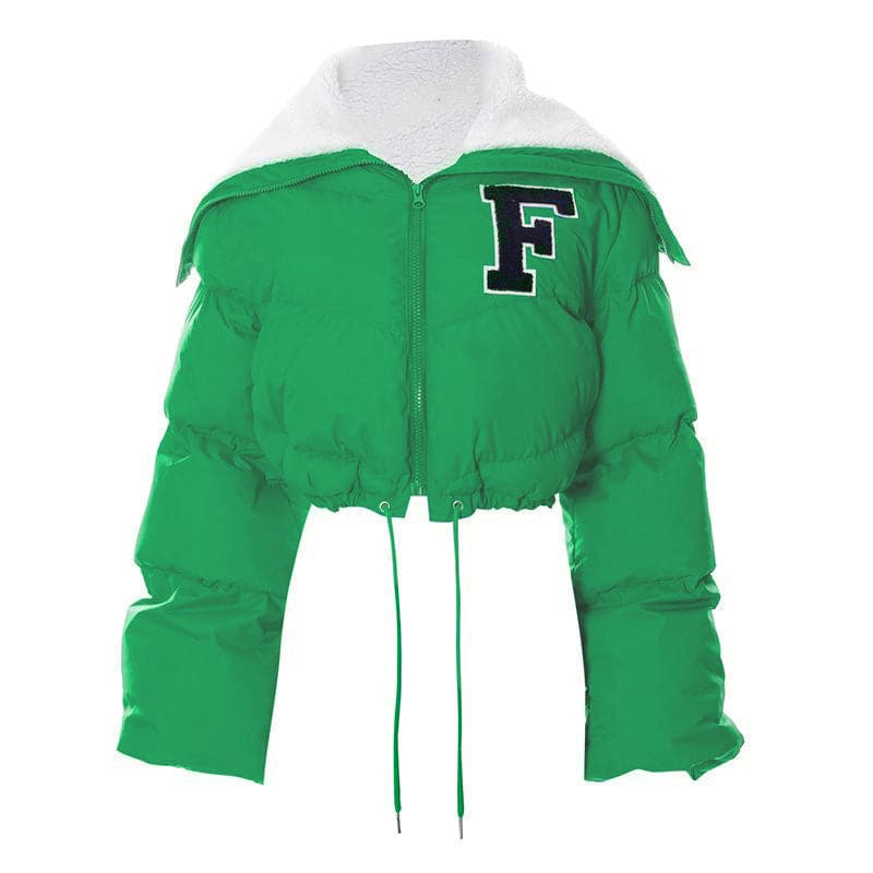 The 'F' Factor Cropped Puffer Jacket: Cozy Sherpa Collar & Trendy Fall Style