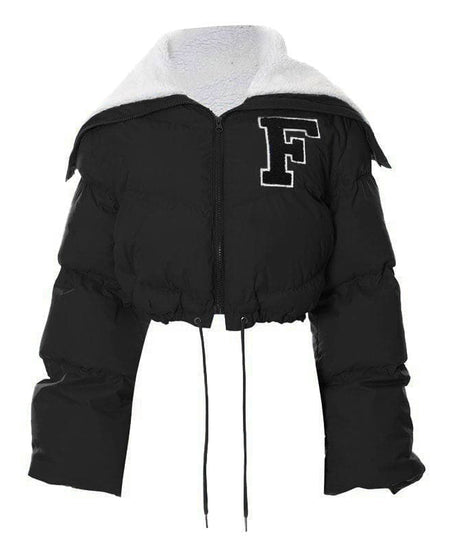 The 'F' Factor Cropped Puffer Jacket: Cozy Sherpa Collar & Trendy Fall Style