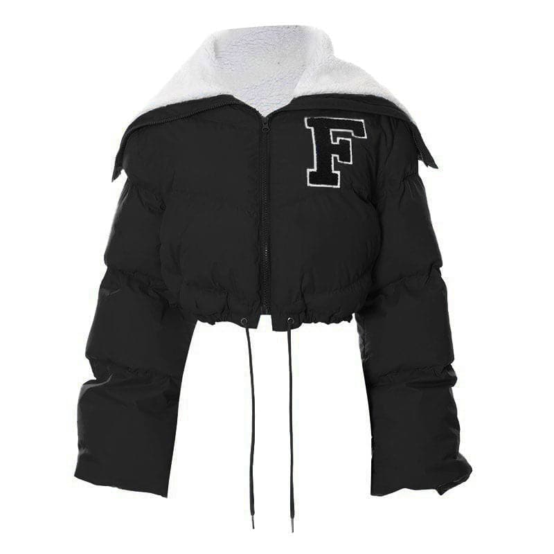 The 'F' Factor Cropped Puffer Jacket: Cozy Sherpa Collar & Trendy Fall Style
