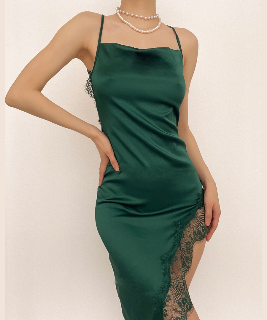 Sultry Black Satin & Lace Slit Slip Dress - Perfect for Holiday Parties & NYE