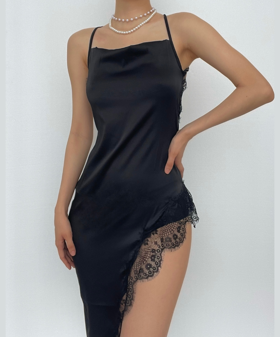 Sultry Black Satin & Lace Slit Slip Dress - Perfect for Holiday Parties & NYE