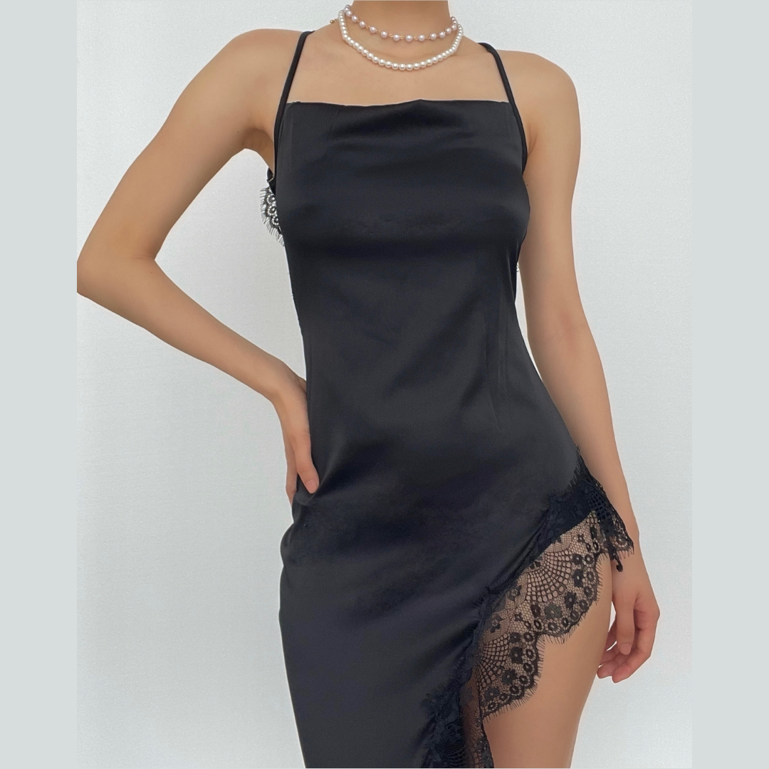 Sultry Black Satin & Lace Slit Slip Dress - Perfect for Holiday Parties & NYE