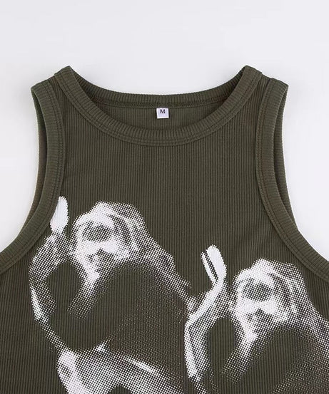 Ethereal Angelic Halftone Crop Top - Y2K Ribbed Graphic Tank for Fall & Halloween