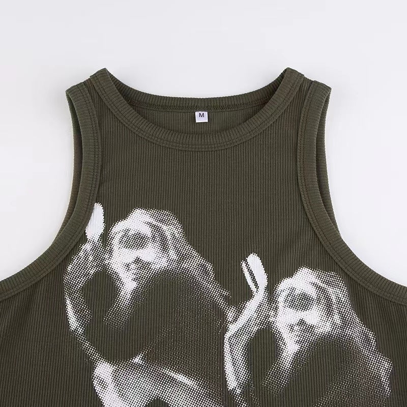 Ethereal Angelic Halftone Crop Top - Y2K Ribbed Graphic Tank for Fall & Halloween