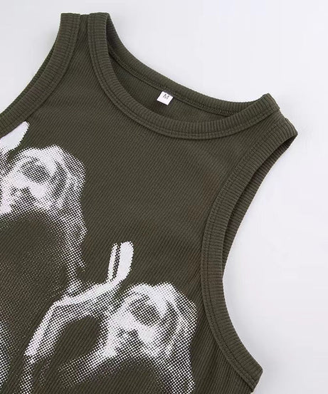 Ethereal Angelic Halftone Crop Top - Y2K Ribbed Graphic Tank for Fall & Halloween