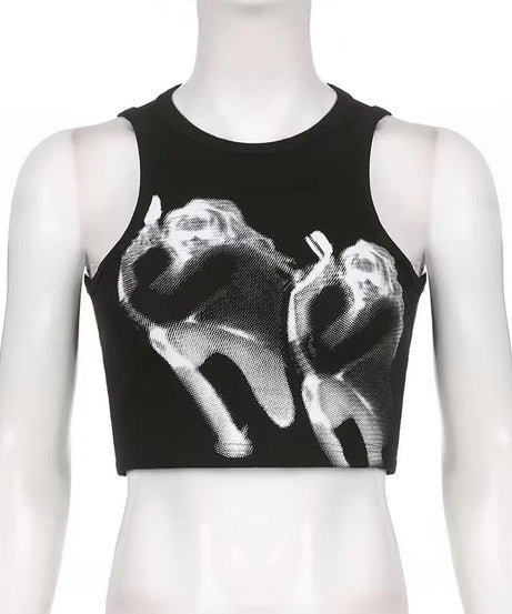 Ethereal Angelic Halftone Crop Top - Y2K Ribbed Graphic Tank for Fall & Halloween