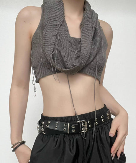 Edgy Knit Sleeveless Hooded Crop Top for Fall – Chic Streetwear Essential