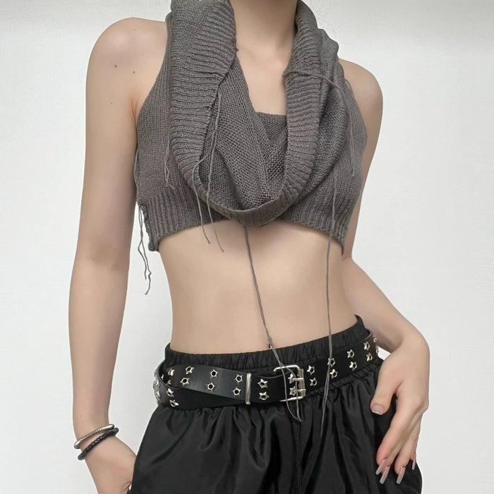 Edgy Knit Sleeveless Hooded Crop Top for Fall – Chic Streetwear Essential