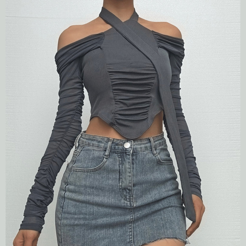 Autumn Allure: Chic Off-Shoulder Halter Ruched Long Sleeve Crop Top - Your Fall Fashion Must-Have