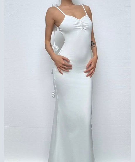 Chic Winter White Ruched Maxi Dress with Romantic Side Bow Ties - Your Go-To for Holiday Events & Special Occasions