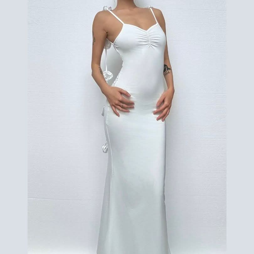Chic Winter White Ruched Maxi Dress with Romantic Side Bow Ties - Your Go-To for Holiday Events & Special Occasions