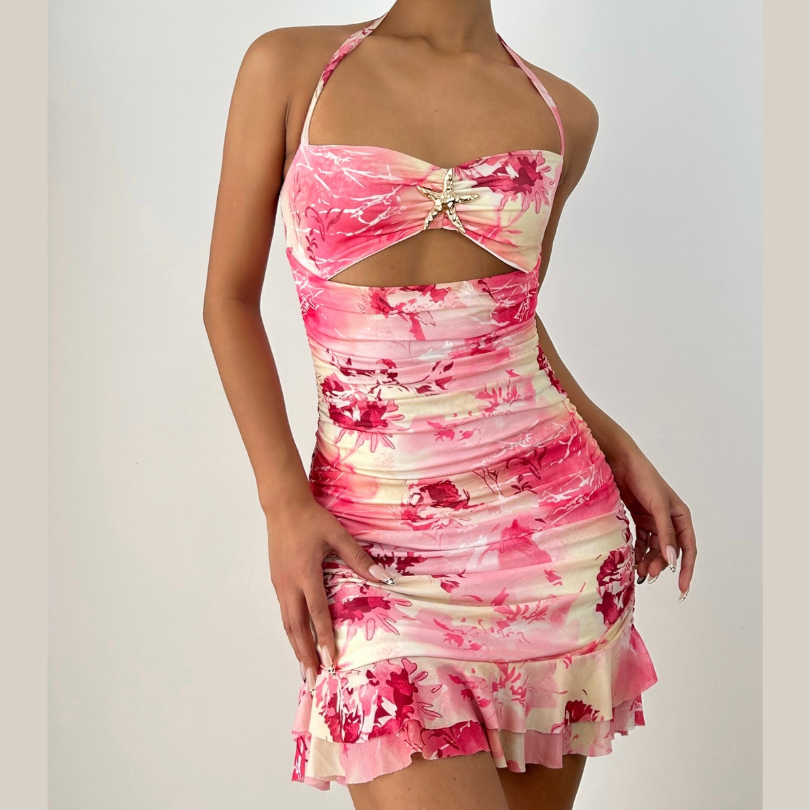 Coastal Charm Pink Floral Mini Dress | Halter Ruched Cut-Out & Starfish Detail - Your Ultimate Vacation Getaway Style