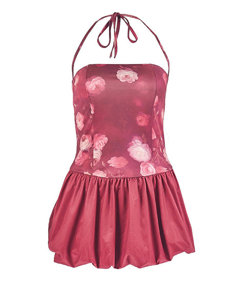 Autumn Rose Halter Mini Dress | Chic Bubble Hem & Romantic Floral Party Style