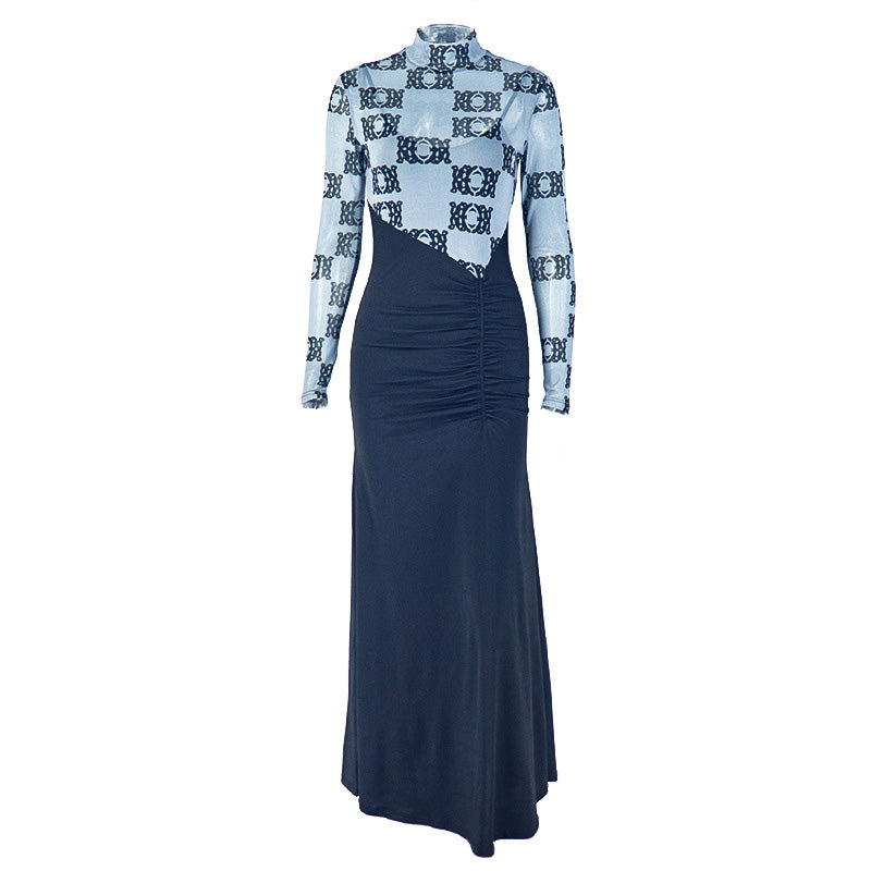 Fall Chic: Geometric Print Ruched High Neck Maxi Dress