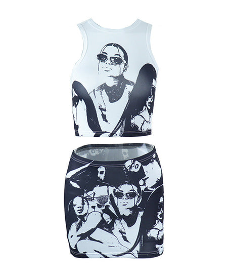 Edgy Monochrome Graphic Print Crop Top & Mini Skirt Set - Fall Statement Style