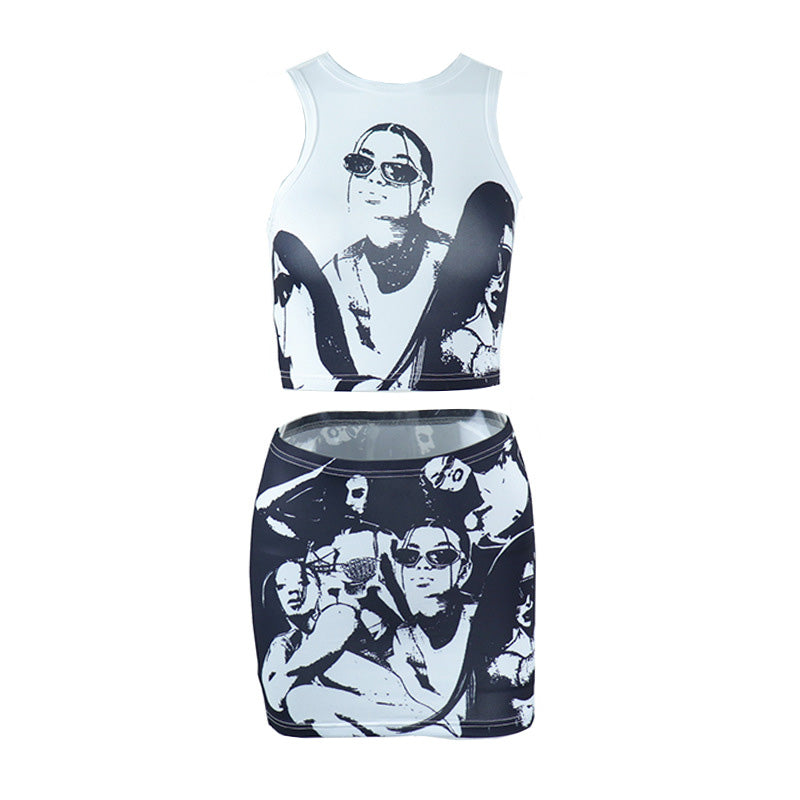 Edgy Monochrome Graphic Print Crop Top & Mini Skirt Set - Fall Statement Style