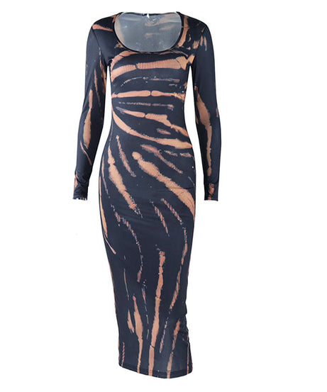 Chic Fall Statement: Long Sleeve Bleached Tiger Print Bodycon Maxi Dress